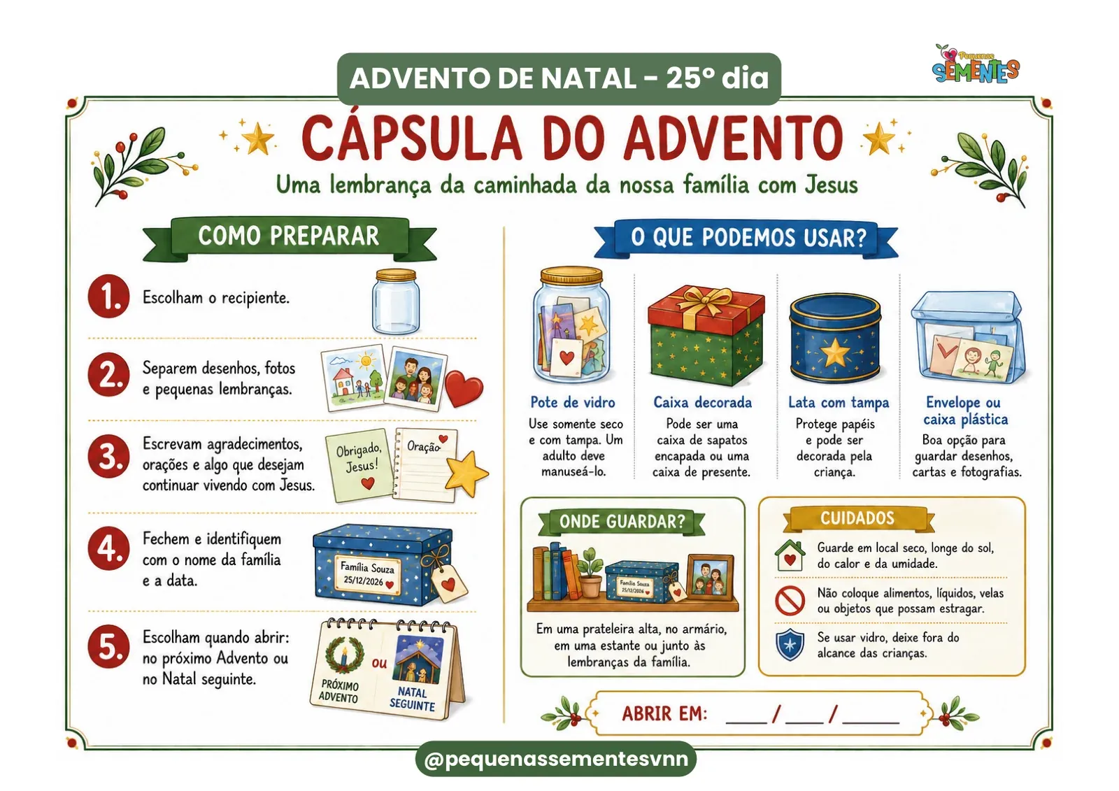 Página da Cápsula do Advento com o passo a passo, sugestões de recipientes, onde guardar e cuidados