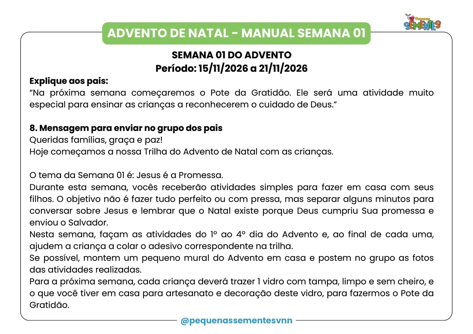 Página do manual da semana 1 com o que explicar aos pais e a mensagem para enviar no grupo das famílias